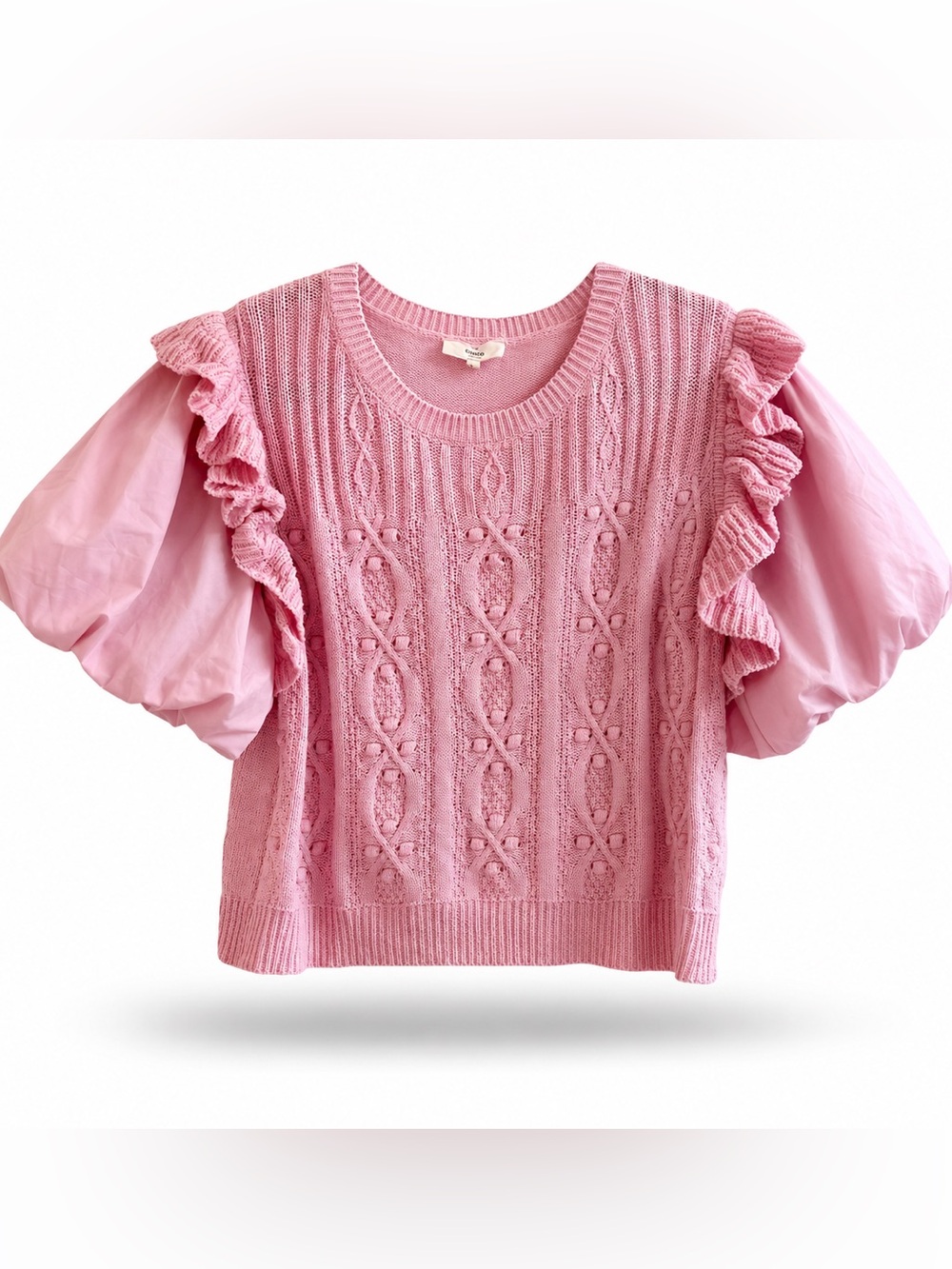 entro Pink Cable Knit Ruffle Puffy Sleeve Sweater Top Size L